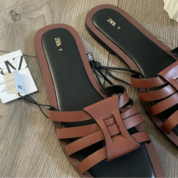 Zara Square Toe Crossed Straps Flat Leather Fisherman Sandals Sz:7.5 Brown - Picture 9 of 10
